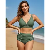Conjunto de bikini azul de dos piezas, compuesto por un corpiño estilo triángulo con detalles de transparencia y una bombacha de tiro alto con fruncidos laterales y detalles translúcidos.