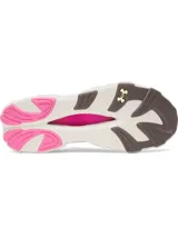 Championes Under Armour modelo UA HB Racer 2, color blanco con detalles en amarillo, gris, negro y fucsia. Cuentan con suela chunky y diseño orientado al running.