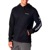 Buzo negro con capucha ajustable con cordón, bolsillo tipo canguro y logo de Columbia bordado en el pecho y estampado en la manga.