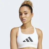 Top deportivo blanco de soporte ligero con espalda racer-back y cuello redondo. Presenta el logo grande de Adidas en negro en el frente.