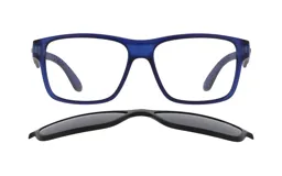 Anteojos de acetato rectangulares color azul mate con patillas texturizadas y lentes transparentes. Incluye clip-on polarizado negro.