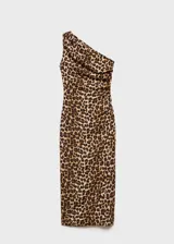 Vestido largo de viscosa con estampado animal print, diseño entallado y escote asimétrico con tirante ancho.