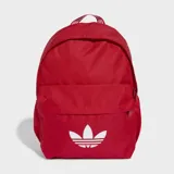 Mochila Adidas Adicolor Classic roja con logo blanco. Cuenta con un compartimento principal espacioso, un bolsillo frontal y bolsillos laterales. Las correas son acolchadas y ajustables.