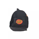 Mochila negra con logo Santa Cruz Classic Dot en rojo y amarillo. Cuenta con bolsillo frontal, bolsillos laterales de red y asa superior.