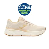 Championes deportivos Joma Atreyu Lady 2535, color beige con detalles en dorado. Capellada de mesh ligero y transpirable con acabado en Jacquard personalizado y sistema de perforaciones VTS. Plantilla Memory Foam con base de EVA termoconformada y mediasuela Wide Cover de phylon. Suela de caucho Durability.