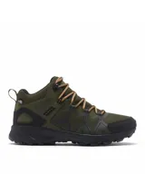 Bota de senderismo de media caña Columbia, color verde oliva con detalles en negro y cordones marrones. Presenta una construcción de malla sin costuras con refuerzos impresos en 3D, membrana impermeable OutDry, entresuela TechLite+ para amortiguación y suela Adapt Trax para tracción en terrenos variados.