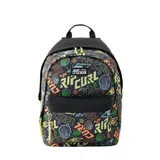 Mochila Rip Curl Double Dome de 24 litros, color negro con estampado multicolor de logos y figuras geométricas.