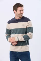 Remera de manga larga con diseño de rayas horizontales anchas en tonos azul marino, beige y verde. Presenta cuello redondo y una pequeña estampa tipográfica en el pecho, además de una etiqueta decorativa en el ruedo.
