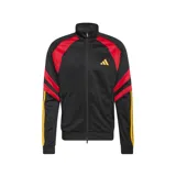 Campera deportiva Adidas House of Tiro Nations, de color negro con paneles rojos en los hombros y mangas, y las clásicas tiras de la marca en amarillo. Cuenta con cuello alto, cierre frontal completo y bolsillos laterales.