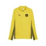 Campera deportiva Puma de hombre, modelo Teamliga, color amarillo con detalles en negro. Presenta cuello alto, cierre frontal completo y diseño gráfico en los laterales de las mangas y el torso.