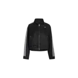 Campera Adidas Originals de denim color negro con efecto lavado, cuello alto, cierre frontal completo y bolsillos laterales con cierre. Presenta las icónicas tres tiras blancas en las mangas y el logo del Trifolio bordado en el pecho.