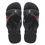 Sandalias tipo ojotas Havaianas modelo Power 2.0, color negro con detalles en rojo. Presentan una suela con textura antideslizante y tiras anchas con diseño geométrico y logo de la marca en relieve.