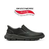 Zapatos casuales Skechers sin cordones, color negro, confeccionados en cuero sintético, con tecnología Arch Fit y soporte en el talón.