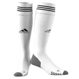 Medias de fútbol Adidas Adi, color blanco con tres rayas negras horizontales en la parte superior y logo de la marca en negro.