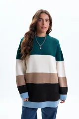 Buzo de tejido de punto con diseño de franjas horizontales en bloques de color verde, blanco, marrón, negro y celeste. Presenta cuello redondo, mangas largas y un corte holgado.