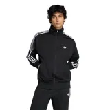 Campera deportiva Adidas modelo Firebird, color negro con las icónicas tres tiras blancas en las mangas y logo del trébol bordado en el pecho. Presenta cuello alto, cierre frontal completo y puños acanalados.