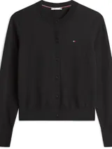 Cardigan de punto Tommy Hilfiger color negro, con cuello redondo, cierre frontal con botones dorados y logo de la marca bordado en el pecho.