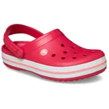 Zuecos Crocs modelo Crocband™ en color lila claro con plataforma blanca y una línea decorativa morada. Presentan el diseño clásico con orificios de ventilación y tira trasera ajustable.