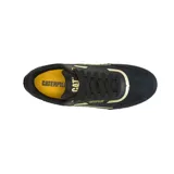Championes Caterpillar Pause Retro T-Toe para mujer, color negro con detalles dorados y suela blanca. Confeccionados en cuero gamuzado con forro reciclado y plantilla de espuma EVA.