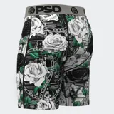 Calzoncillos bóxer de hombre marca PSD, con estampado de billetes de dólares, rosas blancas y negras, y cadenas plateadas.