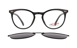 Anteojos de receta con marco de acetato negro de forma redondeada, que incluye un clip-on magnético polarizado para convertirlo en anteojos de sol.