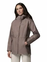 Campera impermeable larga Columbia Hikebound II Long color marrón, con capucha ajustable, cierre frontal con solapa, cintura y puños ajustables, y bolsillos con cierre. Cuenta con tecnología Omni-Tech transpirable y costuras selladas.