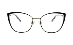 Armazón de metal negro con forma cateye y detalles dorados.