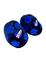 Pantuflas de hombre con diseño de pelota de fútbol, color azul marino con parches azules y el escudo del Club Nacional de Football bordado.