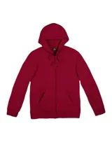 Campera deportiva unisex color beige, confeccionada en algodón con felpa, con capucha, cierre frontal y bolsillo tipo canguro.