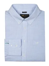 Camisa de manga larga RKF de corte regular, confeccionada en algodón con patrón de cuadros vichy en tonos celeste y blanco. Cuenta con cuello button-down, cierre frontal de botones, un bolsillo en el pecho con el logo bordado y puños ajustables.