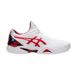 Championes de tenis Asics Court FF Novak Clay L.E. blancos con detalles en rojo y azul.