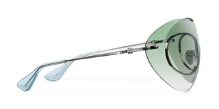 Lentes de sol tipo máscara Project 03 con montura metálica plateada y pantalla envolvente translúcida con degradado en tono verde.