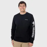 Buzo negro de cuello redondo, marca Columbia, con logo pequeño en el pecho y logo grande vertical en la manga.