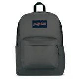 Mochila Jansport SuperBreak Plus color gris, con logo de la marca en el frente, un compartimento principal, bolsillo frontal con organizador, funda interna para laptop, bolsillo lateral para botella de agua, panel trasero acolchado y tirantes acolchados.