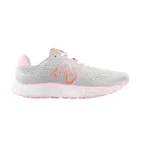 Championes New Balance W520MG8 de mujer, color gris con detalles en rosa y naranja.