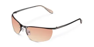 Lentes de sol con diseño envolvente, montura de acero inoxidable en color gris oscuro y lentes de nylon en tono marrón degradado. Presentan una estructura superior metálica con detalles de remaches y patillas con terminaciones en acetato.