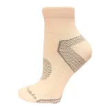 Calcetines deportivos tobilleros de color beige claro con detalles de tejido en gris oscuro en el talón, arco y puntera.