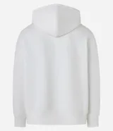 Saco con capucha y cierre frontal de cremallera, confeccionado en tejido de algodón y poliéster. Presenta un diseño bicolor con cuerpo blanco y paneles laterales en gris oscuro, mangas largas y bolsillos delanteros.