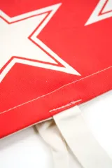 Bolso tote de tela con estampado de rayas verticales rosadas y blancas, laterales y asas en color beige. Presenta la palabra "BONJOUR" en verde en el centro y "INDIAN" en la parte inferior.