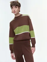 Buzo de punto con diseño de franjas horizontales en color marrón y verde, con detalles de líneas blancas. Presenta cuello redondo, mangas caídas y puños elastizados.