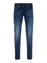 Jeans de corte slim fit en denim azul con efecto lavado, confeccionados en tejido elástico con mezcla de algodón y lyocell.