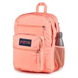 Mochila JanSport Big Student color durazno con dos compartimentos principales, funda acolchada para laptop de 15 pulgadas, bolsillo para botella de agua, panel organizador con clip para llaves, dos bolsillos exteriores con cremallera, correas ergonómicas para los hombros en forma de S y panel trasero acolchado.