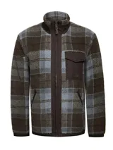 Campera polar de sherpa con estampado a cuadros en tonos marrón y azul. Presenta cierre frontal completo, cuello alto, bolsillo en el pecho con solapa y bolsillos laterales, con detalles en tela canvas en contraste.