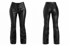 Pantalón oxford de efecto cuero negro con diseño de tiro alto y frente tipo corset con cordones ajustables. Presenta bolsillos laterales con cierre metálico y corte ligeramente acampanado en la parte inferior.