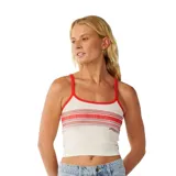 Musculosa de algodón acanalado con tirantes finos en contraste rojo, escote redondo y diseño corto ajustado. Presenta un estampado de franjas horizontales en el pecho y logo de la marca.