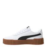 Championes Puma modelo Carina 3.0, de diseño urbano inspirado en los años 80. Presentan una capellada de cuero sintético en color negro con la icónica franja lateral Formstrip en blanco. Cuentan con una suela de plataforma blanca con textura acanalada y plantilla SoftFoam+ para mayor amortiguación.