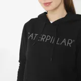 Buzo negro con capucha, marca Caterpillar, con logo de la marca estampado en el pecho. Tiene un bolsillo tipo canguro en la parte delantera y puños y cintura acanalados.