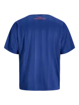 Camiseta de estilo polo con cuello camisero, manga corta y calce relajado. Presenta un diseño en color azul con estampado frontal "FIFA WORLD CUP" y detalles gráficos en contraste. Confeccionada en tejido técnico de poliéster reciclado.