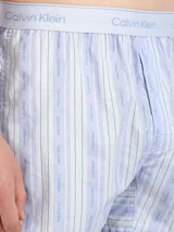 Bóxer suelto de popelina de algodón a rayas verticales celestes y blancas, con cintura elástica celeste con logo Calvin Klein.