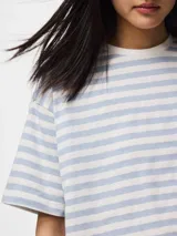 Remera de manga corta con diseño boxy, con estampado de rayas horizontales en color celeste y blanco.